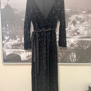 Elegant Black Sequin Wrap Dress
